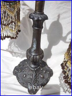 Antique Style Victorian Slag Glass Shade Beaded Fringe Art Deco Lamp