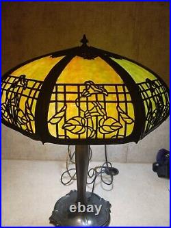 Antique Table Lamp Empire Lamp Co Chicago Morning Glories 8 Panel Slag Glass 17