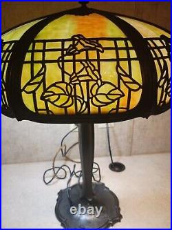 Antique Table Lamp Empire Lamp Co Chicago Morning Glories 8 Panel Slag Glass 17