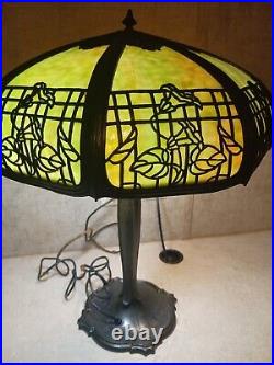 Antique Table Lamp Empire Lamp Co Chicago Morning Glories 8 Panel Slag Glass 17