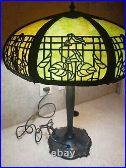 Antique Table Lamp Empire Lamp Co Chicago Morning Glories 8 Panel Slag Glass 17