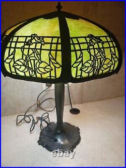 Antique Table Lamp Empire Lamp Co Chicago Morning Glories 8 Panel Slag Glass 17