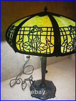 Antique Table Lamp Empire Lamp Co Chicago Morning Glories 8 Panel Slag Glass 17