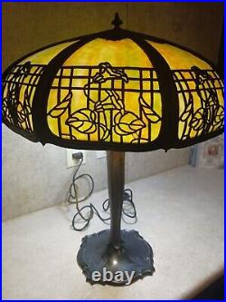 Antique Table Lamp Empire Lamp Co Chicago Morning Glories 8 Panel Slag Glass 17