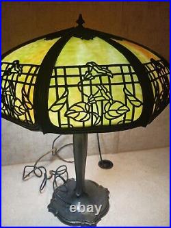 Antique Table Lamp Empire Lamp Co Chicago Morning Glories 8 Panel Slag Glass 17