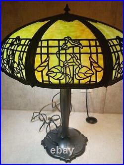 Antique Table Lamp Empire Lamp Co Chicago Morning Glories 8 Panel Slag Glass 17