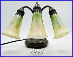 Antique Tiffany Studios NY 3 Light Bronze with Art Glass Favrile Lily Lamp #320