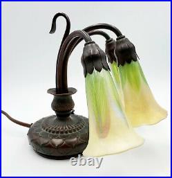 Antique Tiffany Studios NY 3 Light Bronze with Art Glass Favrile Lily Lamp #320