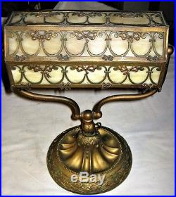 Antique USA Bradley Hubbard Student Desk Art Panel Light Lamp Art Glass Shade Bh