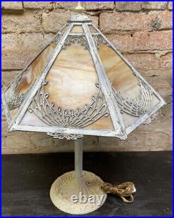 Antique VINTAGE 1116 Signed Rainaud Slag Glass Lamp Crafts Era OFFICE