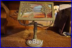Antique Verdigris Stained Slag Glass Desk Lamp Art Deco Arts and Crafts