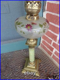 Antique Victorian Art Glass Painted Floral Onyx Base Table Peg Lamp Converted