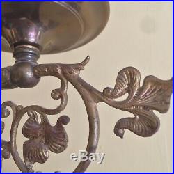 Antique Victorian Art Nouveau Gilt Ceiling Fixture Opaline Glass Shade Lamp