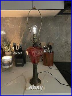 Antique Victorian Gold Ruby Wheel Cut Cranberry Glass Lamp Converted Oil Lamp 24