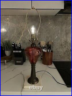 Antique Victorian Gold Ruby Wheel Cut Cranberry Glass Lamp Converted Oil Lamp 24