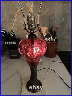 Antique Victorian Gold Ruby Wheel Cut Cranberry Glass Lamp Converted Oil Lamp 24