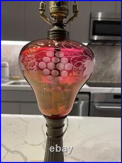 Antique Victorian Gold Ruby Wheel Cut Cranberry Glass Lamp Converted Oil Lamp 24