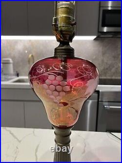 Antique Victorian Gold Ruby Wheel Cut Cranberry Glass Lamp Converted Oil Lamp 24