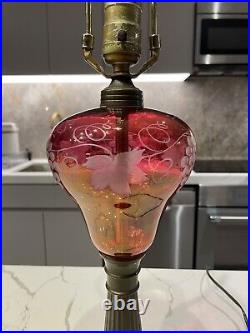 Antique Victorian Gold Ruby Wheel Cut Cranberry Glass Lamp Converted Oil Lamp 24