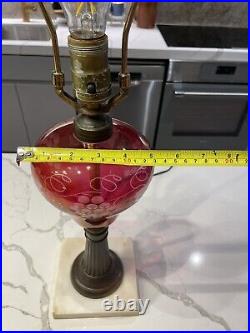 Antique Victorian Gold Ruby Wheel Cut Cranberry Glass Lamp Converted Oil Lamp 24