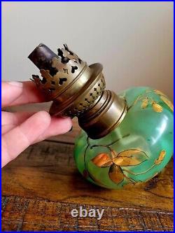 Antique Victorian Green Hand Painted Vaseline Glass Peg Oil Lamp with Burner