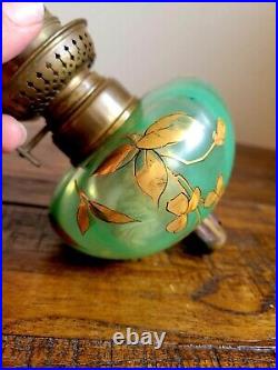 Antique Victorian Green Hand Painted Vaseline Glass Peg Oil Lamp with Burner