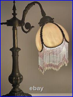 Antique Victorian Purple Slag Glass Shade Beaded Fringe Bridge Arm Art Deco Lamp