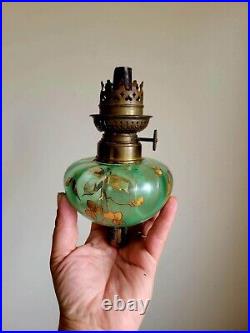 Antique Victorian Spectacular Hand Painted Uranium Glass Peg Oil Lamp with Burner