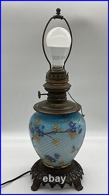 Antique Victorian Threaded Art Glass Blue Electrified Oil Lamp Hand Painted RARE