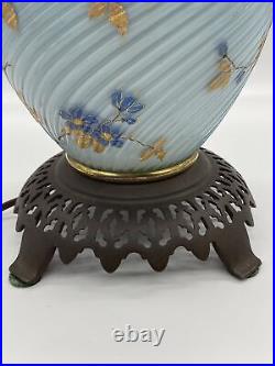 Antique Victorian Threaded Art Glass Blue Electrified Oil Lamp Hand Painted RARE