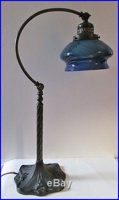 Antique Vintage Art Nouveau Bronze Lamp with Art Glass Shade