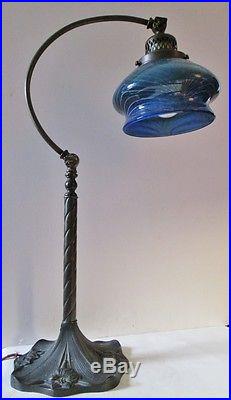 Antique Vintage Art Nouveau Bronze Lamp with Art Glass Shade