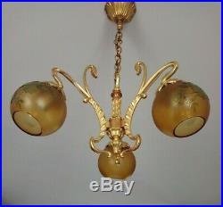 Antique Vintage French Art Nouveau Chandelier Bronze Cameo Glass Shades Lamp