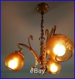 Antique Vintage French Art Nouveau Chandelier Bronze Cameo Glass Shades Lamp