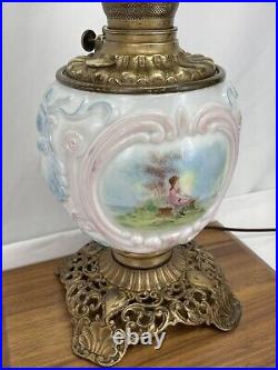 Antique Vtg Brass Glass Table Boudoir Lamp Victorian Farmhouse Elec Oil Hurrican