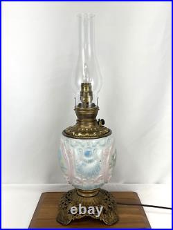 Antique Vtg Brass Glass Table Boudoir Lamp Victorian Farmhouse Elec Oil Hurrican