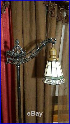 Antique Vtg Floor Lamp Cast Iron Brass Bridge Art stain glass
