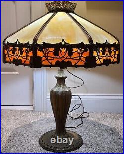 Antique Working 1920's Miller Art Nouveau Red & Caramel Slag Glass Table Lamp