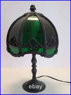 Antique Working 1940's Green Marble Slag Glass Art Deco Boudoir Table Lamp