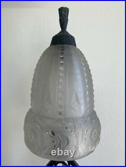 Antique Wrought Iron Art Deco Lamp Signed Mille Frères Luneville Glass Vine 20th