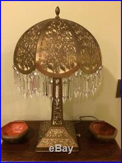 Antique brass victorian arts crafts glass prism lamp bradley hubbard handel era