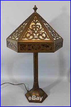 Antique early 20thC Arts & Crafts Brass & 2-Color Slag Glass Table Lamp, NR