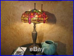 Antique jeweled dragon fly leaded stained glass bronze cast iron Art Deco lamp