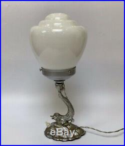 Art Deco 1930s Chrome Dolphin Lamp With Stepped Milk Glass Shade