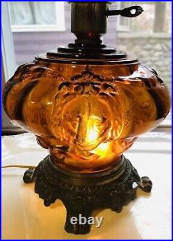 Art Deco Amber Lion Head Glass Lamp 3 Way Wrought Iron Base Parlor Room Cigar