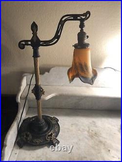 Art Deco Antique Bridge Arm Table Lamp Art de France Hand Blown Art Glass Shade