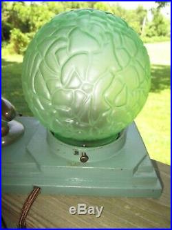 Art Deco Apt. NY Frankart Style Lady Nude Lamp With Green Glass Brain Shade Globe