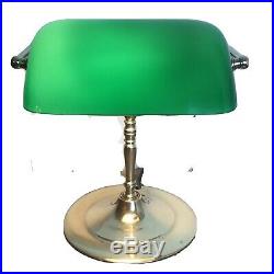 Art Deco Bankers Brass Desk Lamp Green Glass Vintage Light Pull Chain Piano