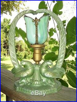 Art Deco Bird Lamp With Vintage Handel Signed & Numbered Slag Glass Shade