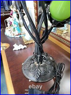 Art Deco Bronze and Hand-Blown Glass 7-Light Table Lamp with Spiral, Leaf Design